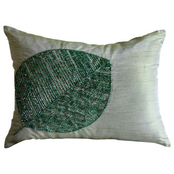Green Art Silk 12"x14" Leaf Design Lumbar Pillow Cover, Green Leaf