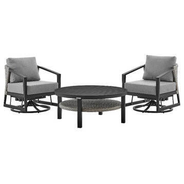 Armen Living Aileen 3PC Outdoor Fabric Patio Swivel Seating Set in Gray/Black