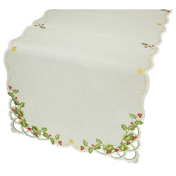 Winter Berry Embroidered Cutwork Collection Christmas Table Runner, 16"x34''