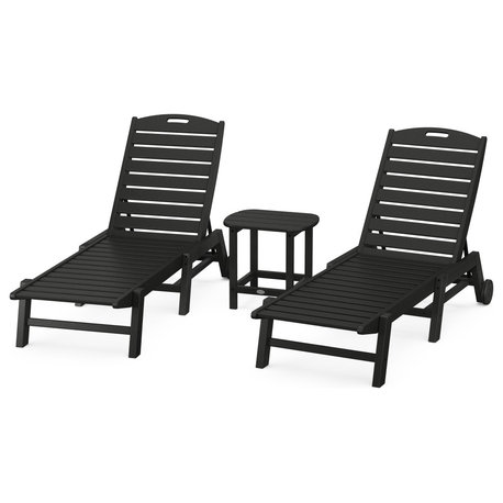 Nautical 3-Piece Chaise Lounge, Wheels Set, 18" Side Table, Black