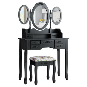 Elegant Vanity Set, 7 Drawers & Oval Tri Folding Mirror With Floral Motif, Black