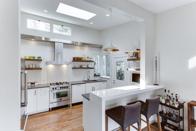 Kitchen - contemporary l-shaped medium tone wood floor and brown floor kitchen idea in DC Metro with an undermount sink, flat-panel cabinets, white cabinets, stainless steel appliances, a peninsula and gray countertops