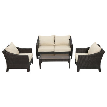 GDF Studio 4-Piece Mewer Outdoor Antibes Wicker Chat with Cushions Set
