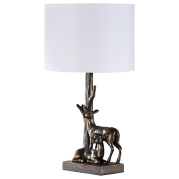 20" Bronze Mom and Baby Deer Table Lamp With White Drum Shade