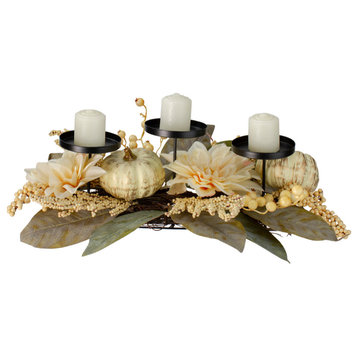 21" White Dahlia and Pumpkin Fall Candle Holder Centerpiece