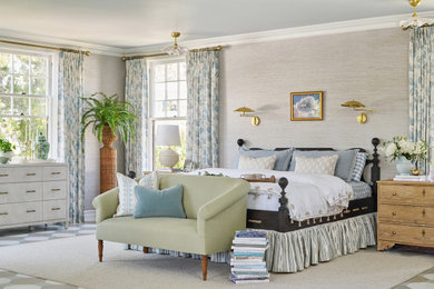 Mid-sized french country master wallpaper bedroom photo in Los Angeles with multicolored walls and a standard fireplace