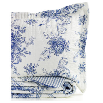 Toile Cotton Reversible Bamboo Stripe Quilt Set, Navy, Full/Queen