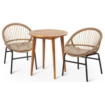 Meriden Outdoor Wicker and Acacia Wood 3 Piece Bistro Set With Cushion