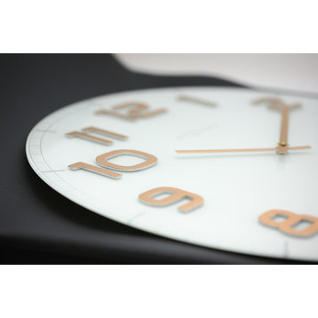 Large Classy Round Wall Clock, Glass, White and Copper, Battery Operated