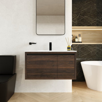 BNK 36 Inch Modern Wall Mounted Bathroom Vanity With Resin Sink Combo, California  Walnut, 36 Inch