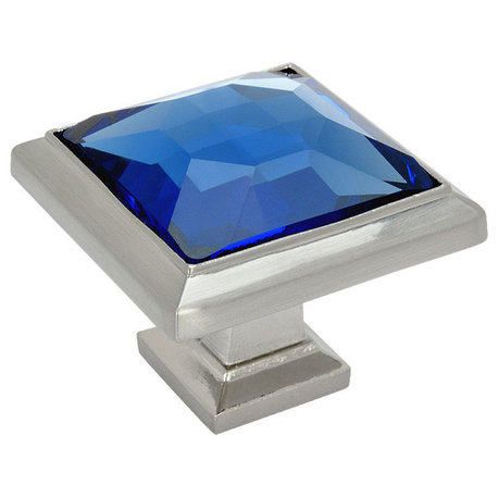 Cosmas 5883SN-BL Satin Nickel Cabinet Square Knob With Blue Glass, Set of 5