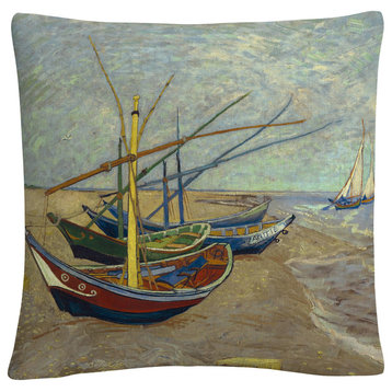 Vincent Van Gogh 'Fishing Boats On The Beach' 16"x16" Decorative Throw Pillow