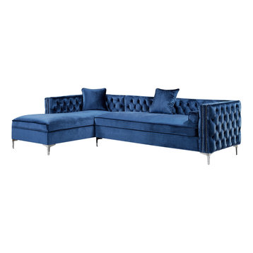 Jeannie Velvet Tufted With Nailhead Trim Sectional, Navy, Left Facing Chaise
