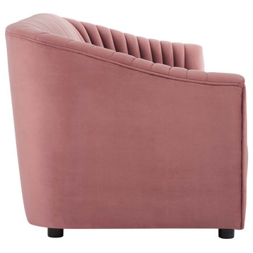 Elegant Sofa, Channeled Velvet Seat With Curved Back & Sloped Arms, Dusty Rose