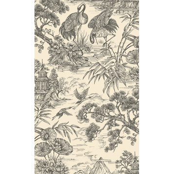 Majestic Crane Tropical Print Textured Wallpaper, Charcoal Cream, Sample