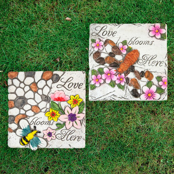 Set of 2 'Love Blooms Here' Floral Outdoor Garden Stones 7"