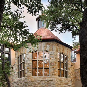 Reclaimed White Oak Beams and Panelling in a Vaulted Library, San Antonio, Texas
