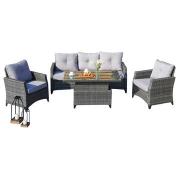 4-Piece Outdoor Patio Rattan Lift Table Aluminum Sofa Set With Cushions, Gray