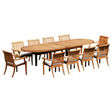 11-Piece Outdoor Teak Dining Set - 117" Oval Table, 10 Arbor Stacking Arm Chairs