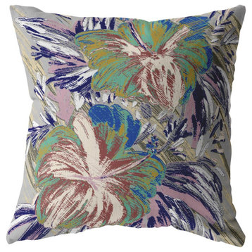 16" Lilac Green Hibiscus Indoor Outdoor Zippered Throw Pillow