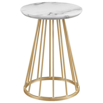 16" Modern Wood Side Table with Metal Caged Base - White Marble / Gold