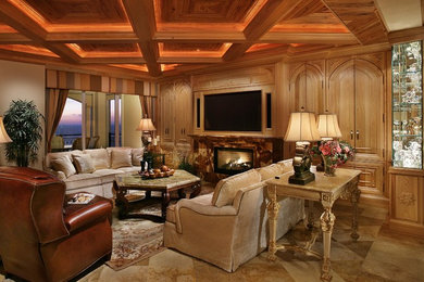 Design ideas for a large traditional formal open concept living room in Miami with beige walls, travertine floors, a standard fireplace, a stone fireplace surround and a wall-mounted tv.