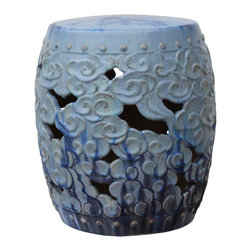 Ceramic Clay Light Blue Glaze Round Scroll Pattern Garden Stool - Accent And Garden Stools