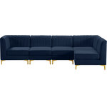 Meridian Furniture - Alina Velvet Modular L-Shaped Modular Sectional, Navy, 5-Piece: 3 Armless Chair, 2 Corner Chair - Bring modern beauty to your space with the addition of this Alina Velvet Modular sectional. This beautiful sectional features deep channel tufting to ramp up its visual interest and add to its resilient demeanor. Its soft navy velvet upholstery blends nicely with existing elements in your room and is sleek to the touch, making this seat a super comfortable one. Part of the modular Alina collection, this sectional has a latch that attaches it to other pieces to create your custom seating arrangement.