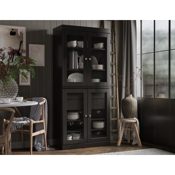 100% Solid Wood Modular Pantry 32"x71.5" With 2-Drawer Kit, Glass Doors, Black