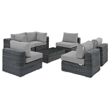 Modway Summon 7-Piece Aluminum and Rattan Patio Sectional Set in Canvas/Gray