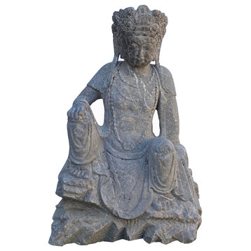 Chinese Stone Sitting Rest Leg Kwan Yin Tara Bodhisattva Statue Hcs7221