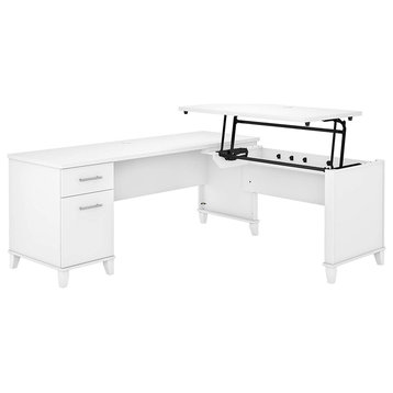 Unique Desk, L-Shaped Design With Rectangular Top and Lift Desktop, White