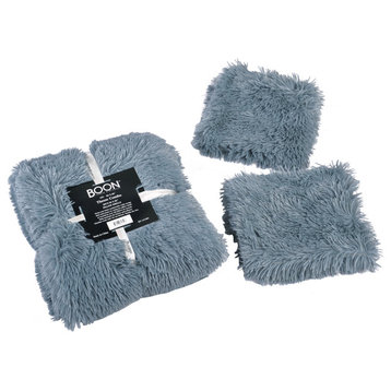 Shaggy Throw Blanket and 2 Pillow Shell 3 Piece Set, Silver Blue, Throw 50"x60" and 2 Pillow Shells 20"x20"