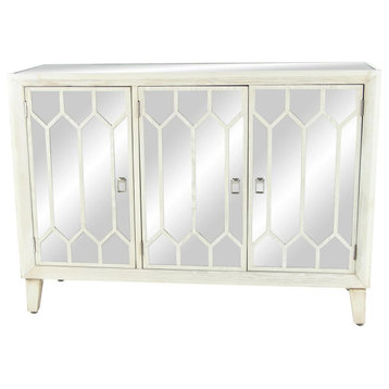 Modern Storage Cabinet, Mirrored Doors With Honeycomb Cutout Accents, White