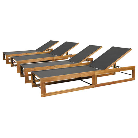 Leavitt Outdoor Mesh and Wood Adjustable Chaise Lounges, Set of 4