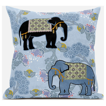 18x18 Sky Black White Elephant Blown Seam Broadcloth Animal Print Throw Pillow