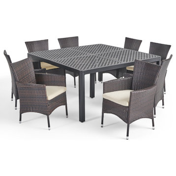 Nelly Outdoor Aluminum and Wicker 8 Seater Dining Set, Antique Matte Black, Mult