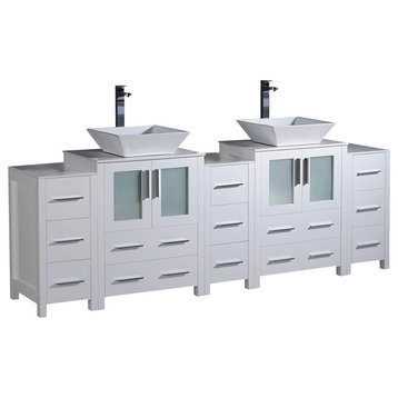 Torino 84" White Modern Double Sink Bathroom Cabinets w/ Tops & Vessel Sinks