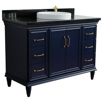 49" Single Sink Vanity, Blue Finish With Black Galaxy Granite And Round Sink