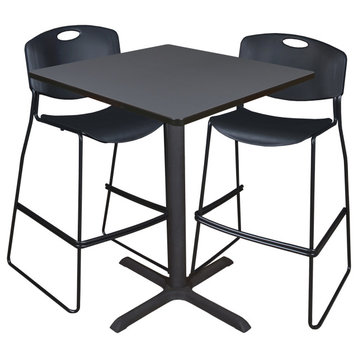 Cain 36" Square Cafe Table- Grey & 2 Zeng Stack Stools- Black