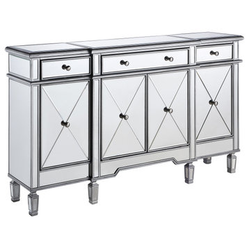 3 Drawer 4 Door Cabinet L60"W14"H36" Silver Clear, Silver/Clear Mirror