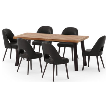 Dining Set, Large Table & 6 Chairs With Padded Faux Leather Seat, Natural/Black