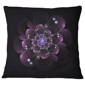 Glowing Light Purple Fractal Flower on Black Floral Throw Pillow, 16"x16"