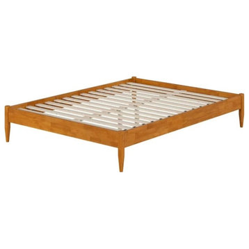 Midcentury Platform Bed, Hardwood Frame With Slatted Support, Light Toffee/Queen