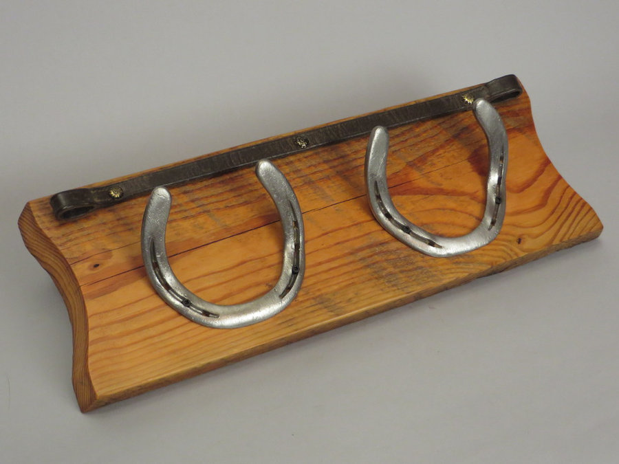 #R15053 Coat Rack Reclaimed Pine, horseshoes, leather.