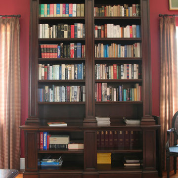 Custom Handcrafted Fire Mantels, Library Cabinets, Desk, Dark Stain Traditional