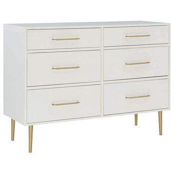 Contemporary Dresser, 6 Storage Drawers With Golden Pulls Handles, White