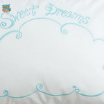 The Little Acorn - Sweet Dreams Fitted Sheet - Put your baby to sleep on a cloud of softness with our ultimate Sweet Dreams crib fitted sheet! Soft, elegant and exquisitely embroidered 100% cotton fitted crib sheet coordinates beautifully with our Baby Owls bedding, yet basic enough to coordinate with any other bedding you might choose. Cream colored ground, with pale aqua embroidered "Sweet Dreams" with mercerized embroidery thread for extra softness. Tiny embroidered baby owl keeps watch while baby sleeps.