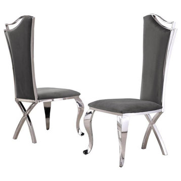 Elegant Dark Gray Velvet Side Chairs with Silver Stainless Steel (Set of 2)