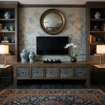 Brown Solid Wood Flower Carving 5 Drawers Blue Marks Low TV Stand Cabinet ws4388